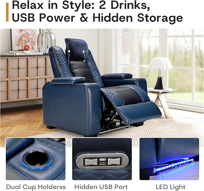 ANJ Power Home Theater Seating, PU Leather Electric Recliner Chair with Powered Headrest, Dual Motors Movie Reclining Chairs with LED Lights,USB Port, Cup Holders, Hidden Arm Storage (Blue & Black)-Ruum Studio Home