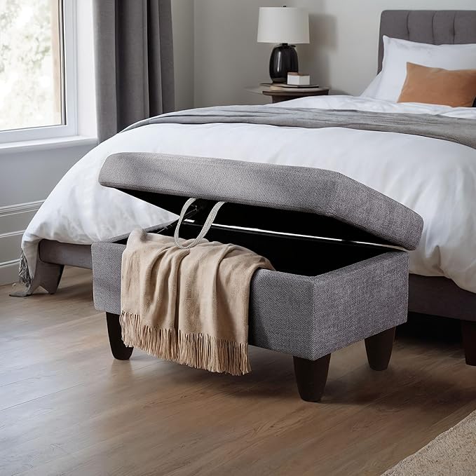 Ottoman Rectangular Storage Ottoman Bench, Flannel Footrest Stool Footstool with Lid for Living Room, Bedroom, Entryway, Gray, 28.5"x19"x17.5"-Ruum Studio Home
