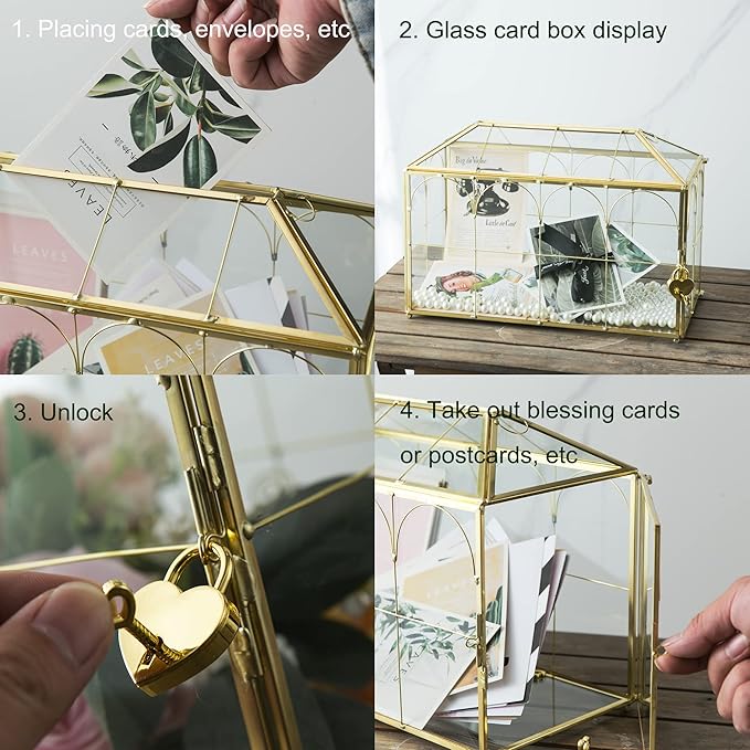 Glass Wedding Card Box with Slot, 12.6 inch Large Clear Card Box Gold Brass Gift Card Storage Box with Lock for Wedding Receptions, Baby Shower, Birthday Party, Bridal Shower-Ruum Studio Home