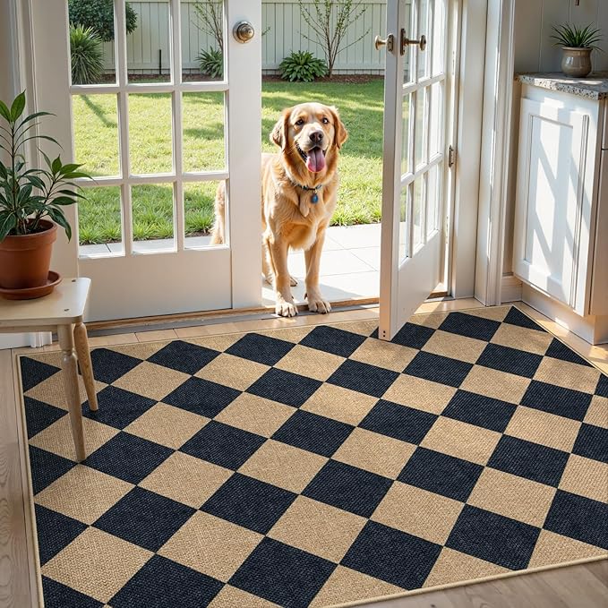 Lahome Checkered Easy Jute 3x5 Outdoor Patio Rug, Washable Rugs for Entryway Diamond Indoor Outdoor Living Room Carpet, Farmhouse Neutral Non Slip Black Door Carpet for Backyard Bedroom-Ruum Studio Home