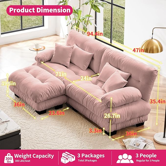 Loveseat Modular Sectional Sofa, L Shaped Couch with Ottoman, Cloud Couch Sectional Couch Home Sofa Living Room Oversized Couch Deep Seat Couch with Round Bolster Armrests 4 Pillows(Pink)-Ruum Studio Home