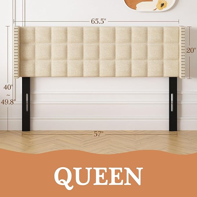 VECELO Headboard Queen Size, Linen Upholstered Headboards Only with Nailhead Trim Wingback, Square Stitched Design, Adjustable Height from 40" to 49.8", Oatmeal-Ruum Studio Home
