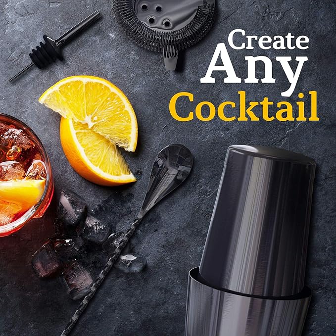 Highball & Chaser 13-Piece Gunmetal Black Stainless Steel Boston Cocktail Shaker Bar Tool Set with Mixology Bartender Kit Accessories-Ruum Studio Home