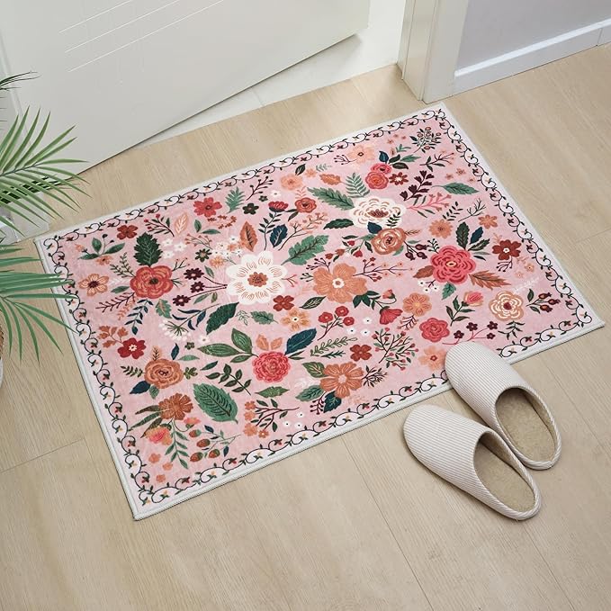 Door Mat Indoor Entrance 2x3 Rug Machine Washable Boho Floral Small Area Rug Non-Slip Low Pile Throw Rugs for Entryway, Kitchen, Front Door Indoor Entrance, Entry, Kids Room (Pink)-Ruum Studio Home