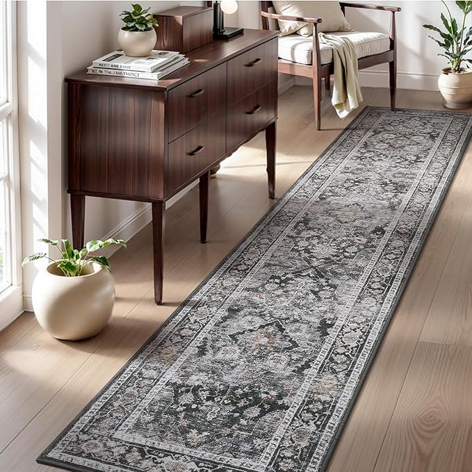 AMOAMI-2X10 Runner Rug-Washable Runners for Hallways-Soft Non Slip Bedside Rugs for Bedroom-Vintage Long Rug for Hallways Entryway Laundry Room Stair Kitchen Bathroom Dark Grey & Black-Ruum Studio Home
