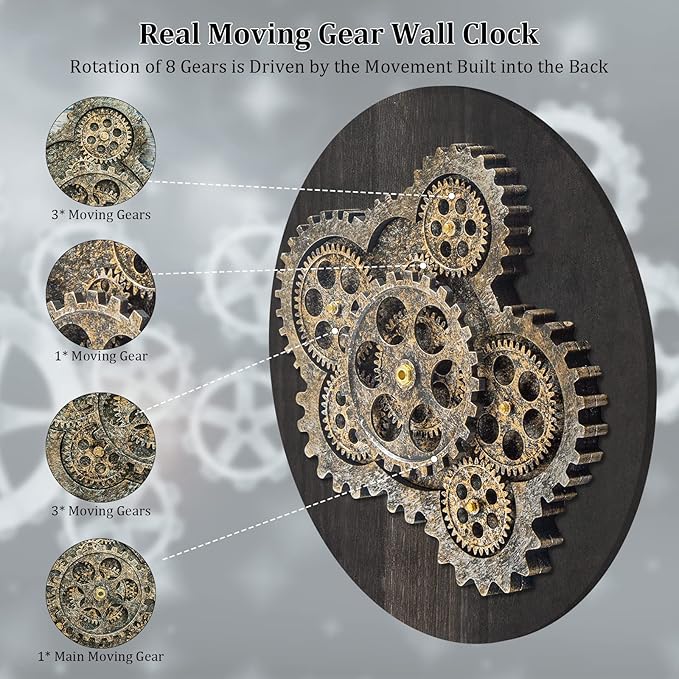 HOIBAI Large Wall Clock, 24 Inch Wall Clocks for Living Room Decor Farmhouse Vintage Rustic Kitchen Wall Decor Vintage Roman Big Oversized Wall Clock for Home Bedroom House Office, Moving Gears Clock-Ruum Studio Home