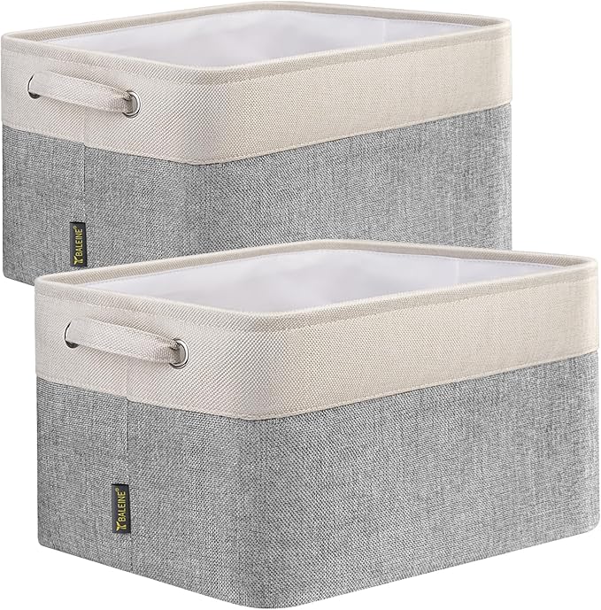 BALEINE 2 Pack Fabric Storage Bins for Shelves, Linen Storage Baskets for Organizing, Decorative Closet Bins for Clothes, Home (Grey, 12"x8"x8")-Ruum Studio Home