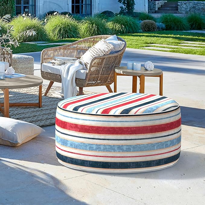 LVTXIII Outdoor Inflatable Ottoman, Fade-Resistant Round Footrest Stool D31”x H14”, Portable Patio Pouf for Garden Camping or Home Use, Stripe Red Blue-Ruum Studio Home