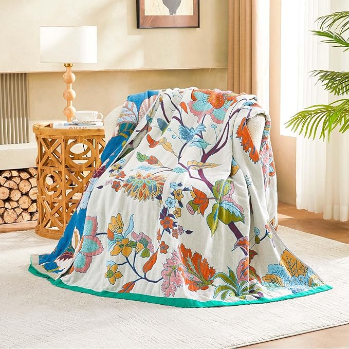 Summer Throw Blanket, 60"x80" Reversible Bohemian Flower Blanket, 100% Cotton Muslin Breathable Woven, Farmhouse Decorative Throw Blanket-Ruum Studio Home