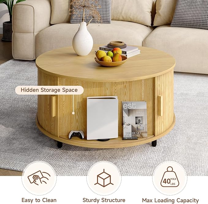 Round Coffee Table with Storage, 31.5" Modern Coffee Table with 360° Curved Sliding Door, Fluted Wood Accent Coffee Table with Adjustable Footpads, Round Center Table for Living Room, Oak-Ruum Studio Home