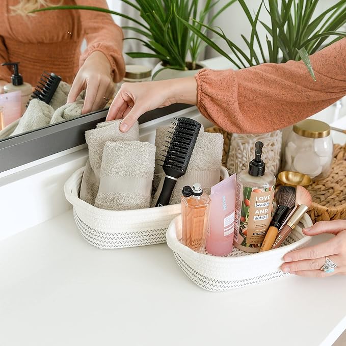 NaturalCozy 5-Piece Rectangle Storage Basket Set- Natural Cotton Rope Woven Baskets for Organizing! Small Basket for Montessori, Baby Nursery, Dog Toy Baskets, Cat Toy Box, Bathroom Organization Bin-Ruum Studio Home