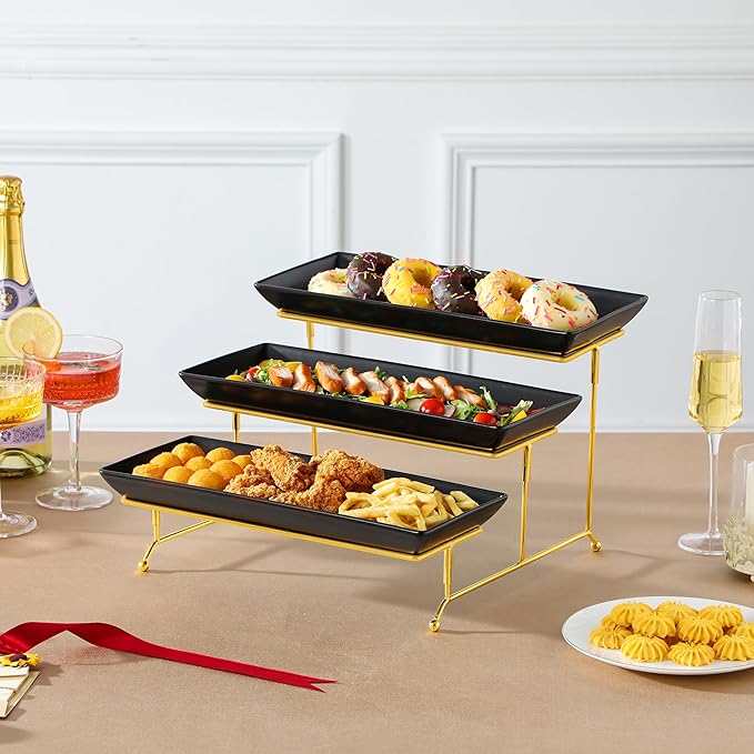 MALACASA 3 Tier Serving Trays for Party, 14 Inch Porcelain Black Trays for Serving Food, Dessert Stand with Collapsible Gold Metal Rack-Ruum Studio Home