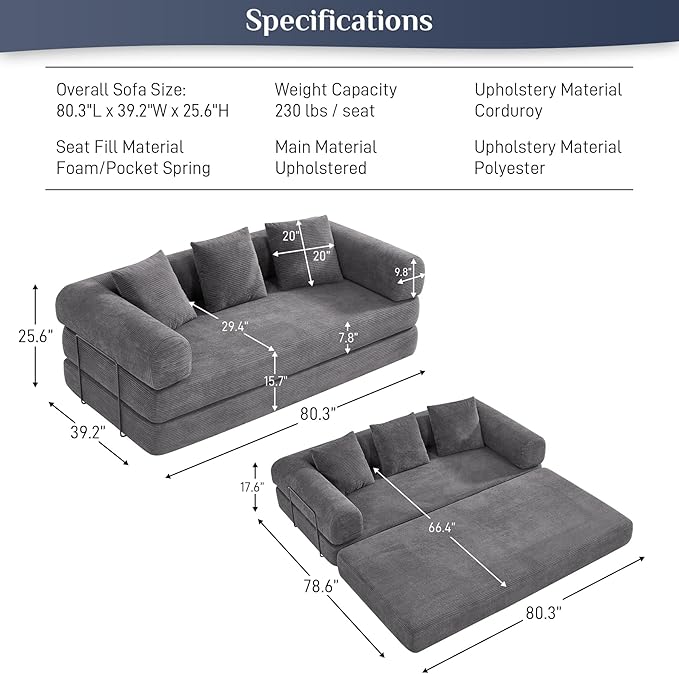 Convertible Sleeper Sofa Bed with Pillow, 4-in-1 Corduroy Folding Mattress Couch with Fixed-Shape Frame, Futon Fold Out Floor Sofa Cama Lounge Couch for Living Room Bedroom Studio, Grey-Ruum Studio Home