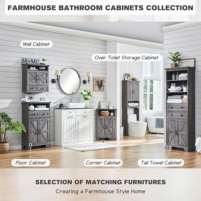 Corner Bathroom Cabinet, Farmhouse Small Corner Cabinet with Barn Door & Adjustable Shelf, Storage Cabinets for Bathroom, Kitchen, Living Room, Grey Wash-Ruum Studio Home
