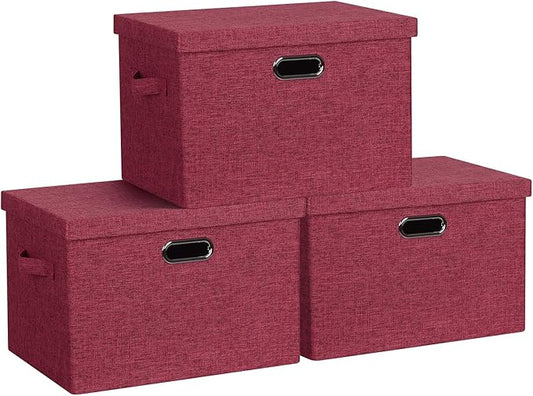 Large 17" 36 Quart Collapsible Stackable Storage Bins with Lids, 3 Packs Bright Red Linen Fabric Closet Boxes with Lids, Storage Cube Baskets Container Organizers for Office (17x12x11)-Ruum Studio Home