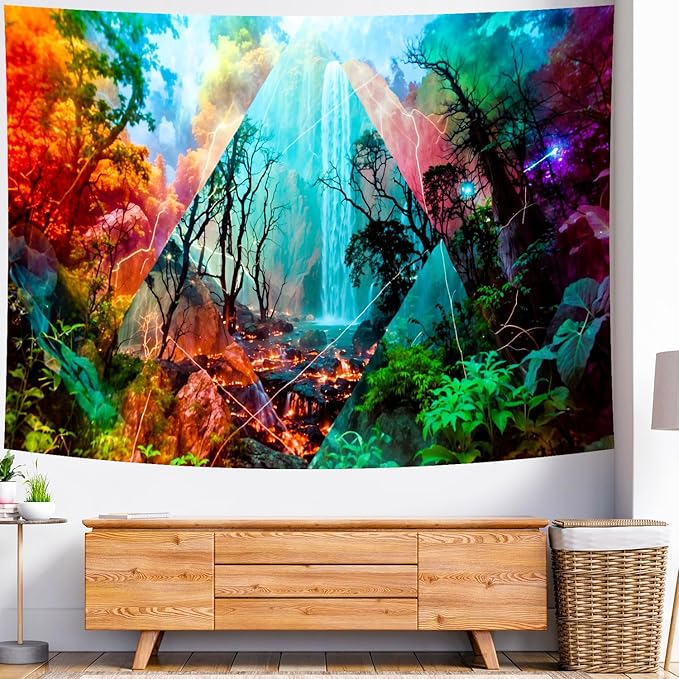 Delur Forest Tapestry Waterfall Mountain Rainforest Sunset Nature Tree Tapestry Wall Hanging Scenic Tropical Landscape Natural Sunrise Headboard for Bedroom Living Room Home Decor (70.8" x 92.5")-Ruum Studio Home
