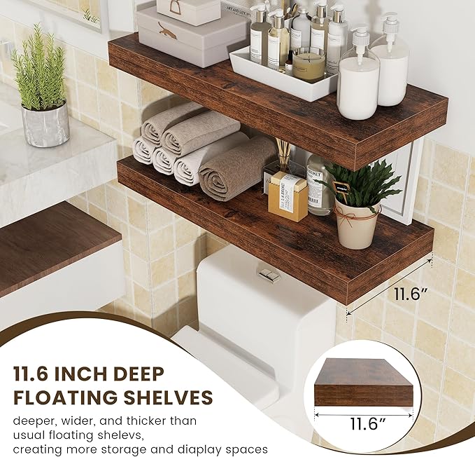 12 Inch Deep Floating Shelves for Wall | 30 Inch Floating Shelves Set of 2 | Rustic Wood Shelves for Living Room Bathroom Laundry Room Bedroom Kitchen Home Office - Rustic Brown-Ruum Studio Home