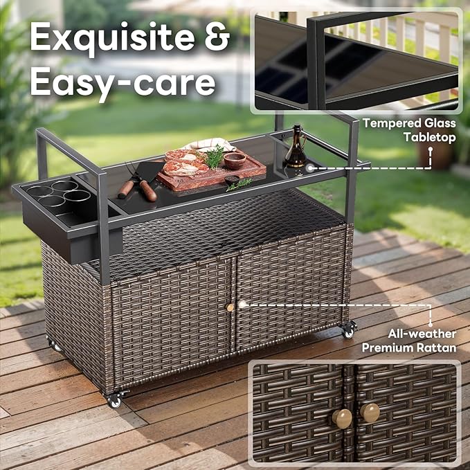 Outdoor Bar Cart with Storage Cabinet, Outdoor Grill Cart with Wheels, Rattan Bar Cart with Tempered Glass Tabletop, Outdoor Buffet Cabinet Table Cart for Mini Bar, BBQ, Food Serving, Brown Wicker-Ruum Studio Home