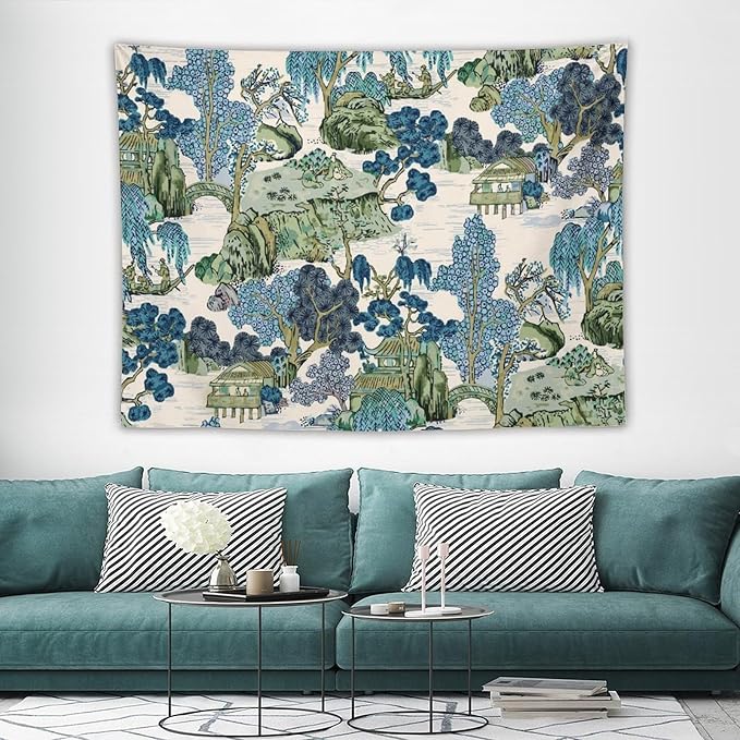 Chinoiserie Tapestry,Asian Watercolor Abstract Art Tapestry,Asian Japanese Wall Tapestry, Nature Landscape Tapestries for Bedroom Living Room Decor 80"x60"-Ruum Studio Home