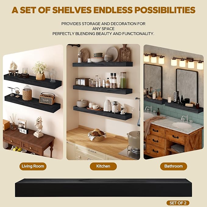 Floating Shelves 3 inch Thick for Wall Set of 2,Solid Pine Wood Wall Mount Shelf for Kitchen Living Room Bedroom Bathroom,8" D x 60" L x 3" H-Black-Ruum Studio Home