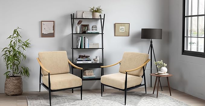 Modern Accent Chairs Set of 2 for Living Room Bedroom Mid Century Arm Chairs Upholstered Office Accent Chairs Comfy Waiting Room Chairs with Metal Frame, Khaki-Ruum Studio Home