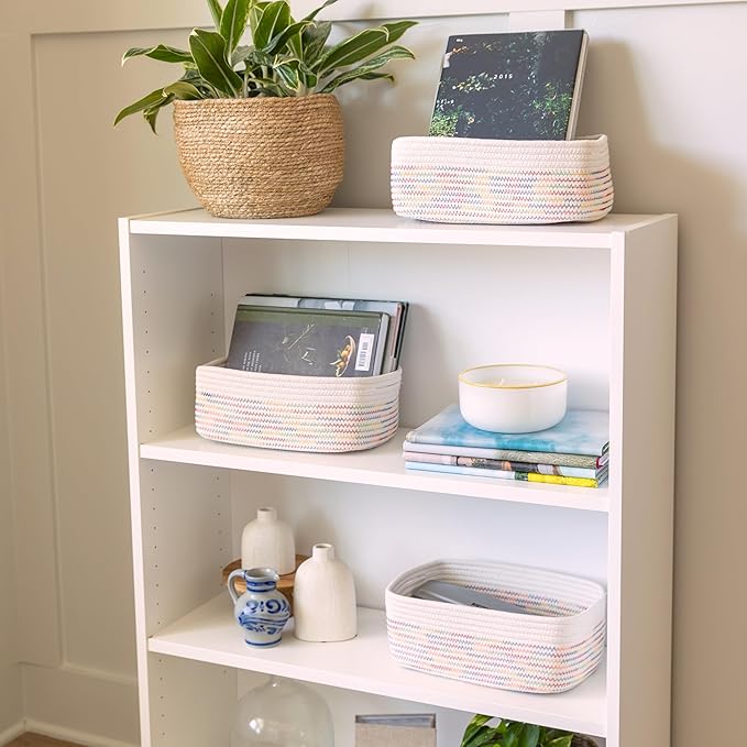 NaturalCozy 11.8"x8"x4.5” Rectangle Storage Baskets for Shelves 3 Pack | Cotton Rope Woven Small Baskets for Organizing | Small Storage Bins for Nursery, Bathroom, Closet, Shelf, Decorative, Gift-Ruum Studio Home
