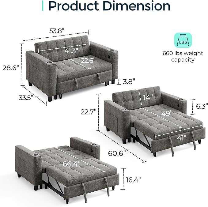 LINSY 3-in-1 Convertible Sofa Bed, 54" Pull Out Sleeper Sofa with Charging Station & Cup Holder, Small Folding Loveseat with Side Pocket for Small Space, Corduroy Couch, Gray-Ruum Studio Home