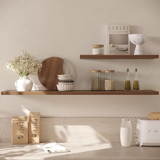 Wall Shelf Set of 2, Walnut Floating Shelves 24 in W x 10 in D x 1 in H, Wooden Floating Wall Shelf with Invisible Brackets for Living Room/Bedroom/Bathroom/Kitchen Storage and Decor-Ruum Studio Home