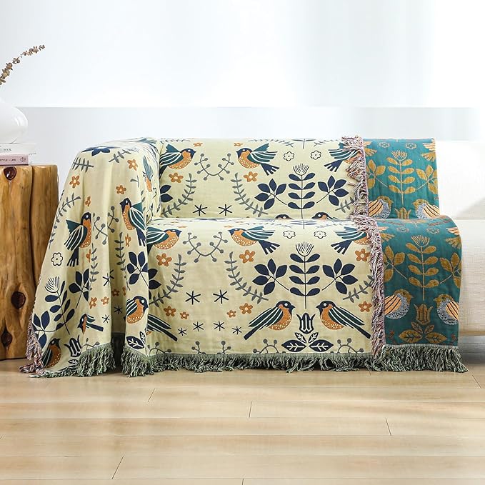 Boho Throw Blanket for Bed Couch 100% Cotton Woven Bed Throws for All Season Lightweight and Soft Cozy Farmhouse Reversible Muslin Decorative Blanket for Travel Picnic, Teal/Cream, 60''x80''-Ruum Studio Home