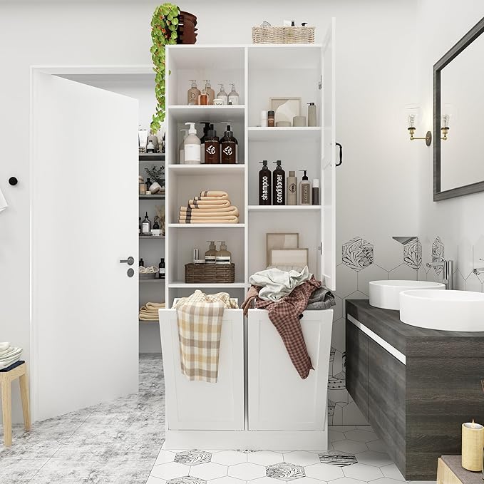 ECACAD Tall Bathroom Storage Cabinet with Shelves and Tilt-Out Laundry Hampers, Freestanding Floor Cabinet for Living Room, Bedroom & Kitchen, White (31.5”W x 13.8”D x 78.7”H)-Ruum Studio Home