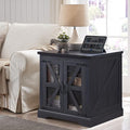JXQTLINGMU Farmhouse End Table, 24" Large Sofa Side Table with Charging Station, Mesh Barn Door, and Adjustable Storage Shelf, Rustic Wood Square Nightstand for Living Room, Bedroom, Office, Black-Ruum Studio Home