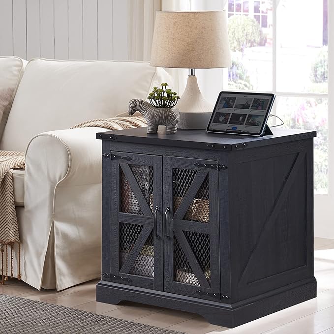 JXQTLINGMU Farmhouse End Table, 24" Large Sofa Side Table with Charging Station, Mesh Barn Door, and Adjustable Storage Shelf, Rustic Wood Square Nightstand for Living Room, Bedroom, Office, Black-Ruum Studio Home