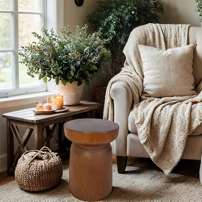 Solid Wood Tree Stump Table Wooden Side Table End Table Plant Stool Handmade Rustic Nightstand Natural Wood Stool Coffee Table for Home Office Patio (Brown)-Ruum Studio Home