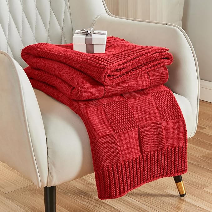CozeCube Knit Throw Blanket,Christmas Red Checkered Bedroom Blanket for Couch,Soft Cozy Warm Knitted Blanket for Bed Sofa Living Room,Decorative Spring Fall Throw Blanket 50"X60",Christmas Red-Ruum Studio Home