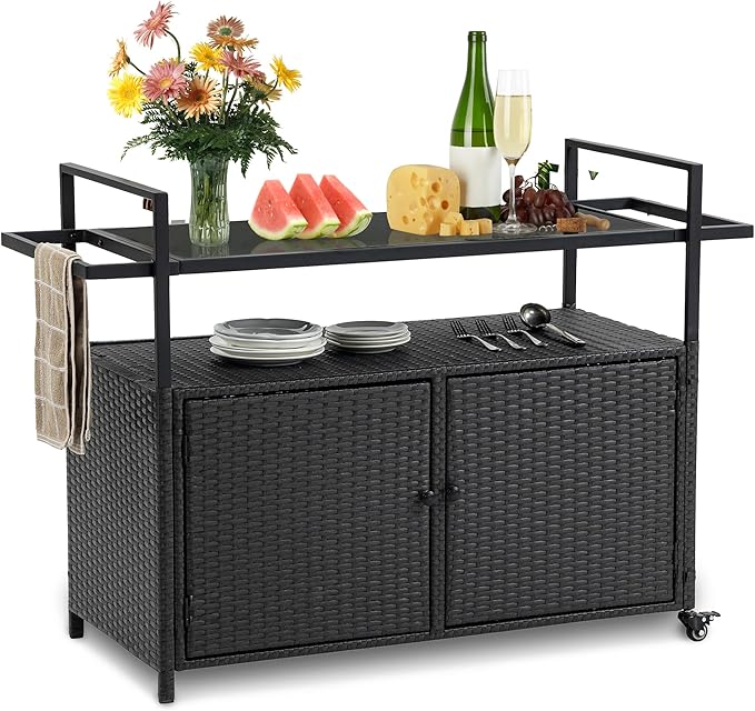 Wicker Outdoor Bar Cart - Black Patio Console Storage Table Buffet Cabinet Serving Kitchen Cart with Wheels for Outside Backyard-Ruum Studio Home