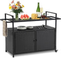 Wicker Outdoor Bar Cart - Black Patio Console Storage Table Buffet Cabinet Serving Kitchen Cart with Wheels for Outside Backyard-Ruum Studio Home