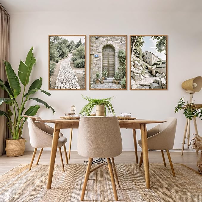 Aurlan Neutral Italy Countryside Landscape Framed Wall Art(16"x24"), 3PCS Vintage Mediterranean City Photography Gallery Canvas Artwork, Large Old Town Architecture Travel Decor Prints for Office Bedroom-Ruum Studio Home