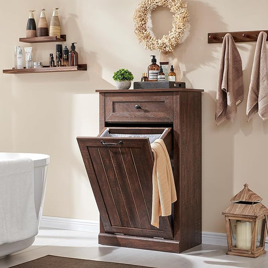 Tilt Out Laundry Hamper Cabinet, 10 Gallon Farmhouse Trash Can Cabinet with Drawer, Hidden Wood Garbage Can Bin Cabinet with Laundry Storage Basket for Bathroom, Kitchen, Brown-Ruum Studio Home