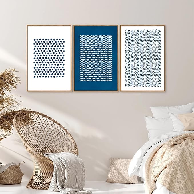 Tinonedraw Navy Blue and White Framed Canvas Wall Art Set, Minimalist Geometric Wall Decor, Neutral Abstract Artwork, Cozy Contemporary Art Prints for Bedroom Living Room Office Above Bed 24"x36"x3-Ruum Studio Home