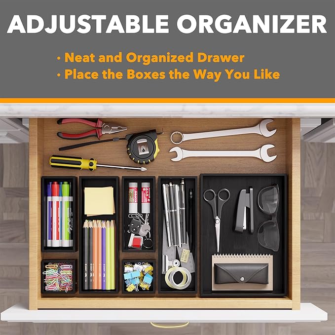 SpaceAid 7-Piece Bamboo Drawer Organizer Storage Boxes Set, Wood Tray Junk Drawer Organizers Multi-Use Divider Bins for Kitchen, Bathroom, Office Desk and Makeup Organization (7 Pack, Black)-Ruum Studio Home