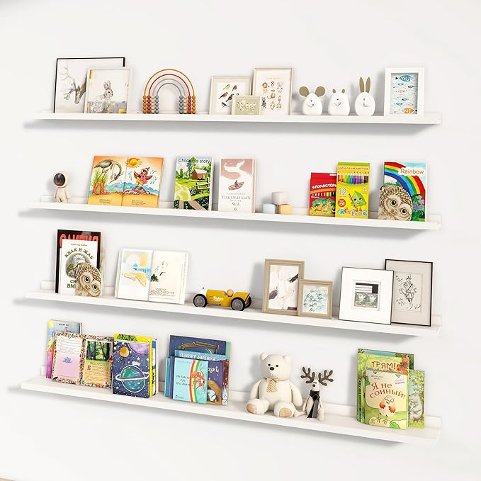 Picture Ledge Shelf for Wall, 72 inch Nursery Book Shelves 4 Packs, Large Long Floating Ledge Shelves for Kid's Room Bedroom Bathroom Living Room Photo Frames Office Nursery Wall Decor, White-Ruum Studio Home
