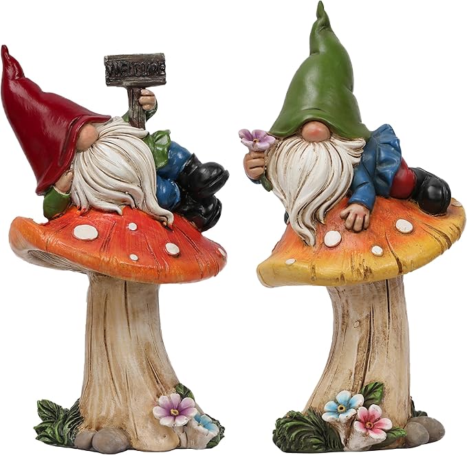 TERESA'S COLLECTIONS Garden Gnomes on Mushroom, Set of 2 Cute Resin Gnome Statues for Yard, Outdoor Patio Porch Lawn, Ideal Gift for Dad Mom Birthday, Outside Decor Housewarming Gifts-Ruum Studio Home