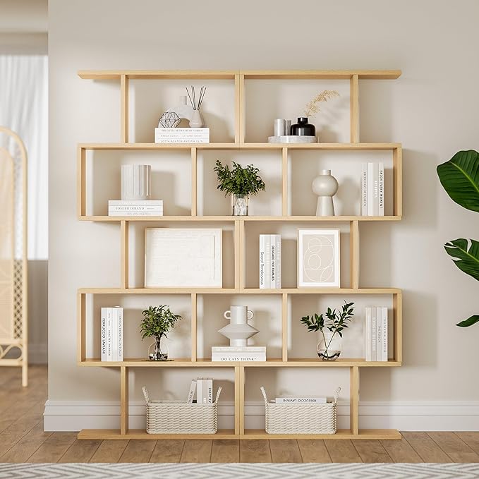 Oak 5-Tier Geometric Bookcase, S-Shaped Modern Bookshelf Set of 2, 62.6" Tall Room Divider Book Shelf, Decorative Display Shelf-Ruum Studio Home