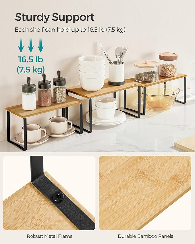 SONGMICS Cabinet Organizer Shelf, Set of 3 Kitchen Counter Shelves, Kitchen Storage, Spice Rack, Stackable, Expandable, Ink Black and Natural Beige UKCS014B01-Ruum Studio Home