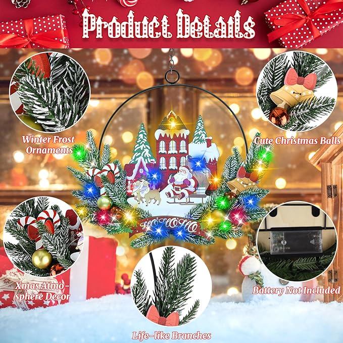 Light up Christmas Wreaths for Front Door, Welcome Metal Wooden Door Wreath Decor Hanging Sign, 30 LED Lighted Wall Decor Battery Operated for Halloween Indoor Outdoor (Santa Claus)-Ruum Studio Home