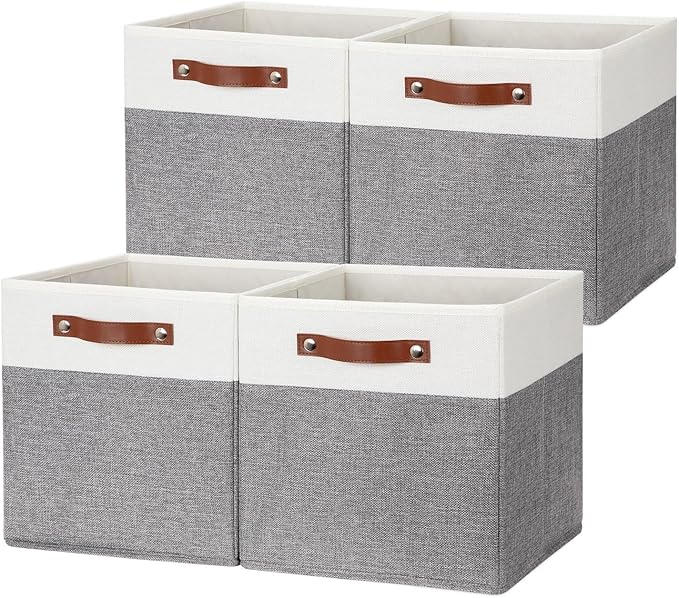 HNZIGE Fabric Storage Cubes 12x12 Cube Storage Bins, Set of 4, Decorative Cube Organizers Bins for Shelves with Handles,Foldable Bins for Cube Organizer Home Toy Nursery Closet(White Gray)-Ruum Studio Home