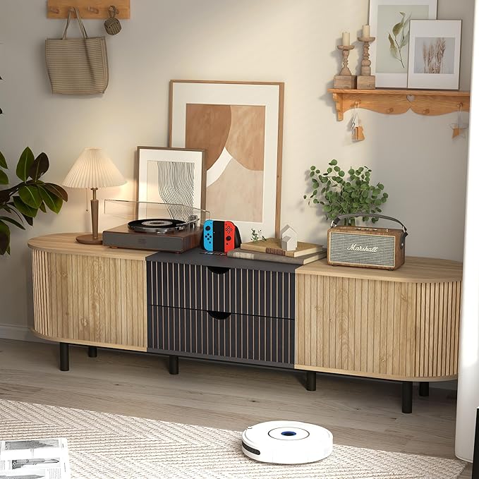 71" Tambour Door TV Stand,Wood Mid Century Modern TV Cabinet for Up to 85“ TV,Curved Edge Long TV Stand with Storage for Bedroom Living Room(Natural, 71inch)-Ruum Studio Home