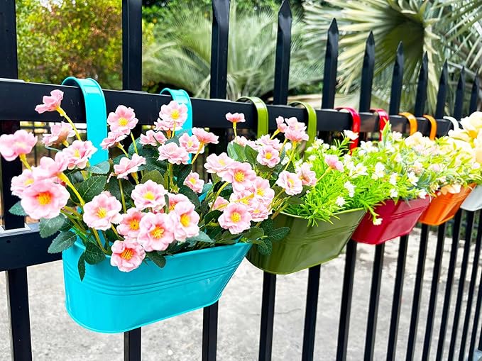 8 Pack Hanging Planters 10", Colorful Metal Bacony Railing Planter for Outdoor Decor, Countryside Fence Pot Flower Bucket for Rails Patio Garden, Plant Pot for Herb (Multi-Color, 8Pcs)-Ruum Studio Home