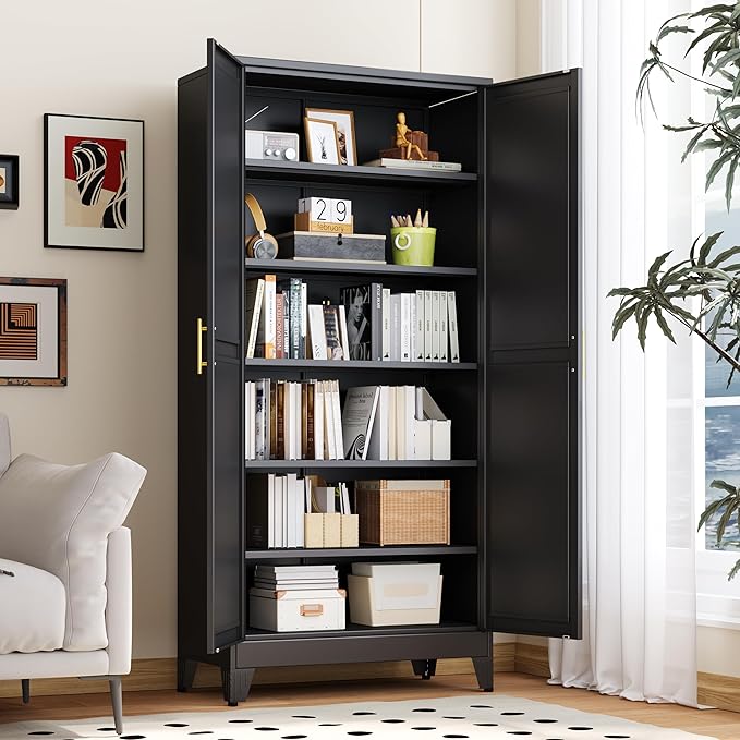 Kitchen Pantry Storage Cabinet with Doors and Adjustable Shelves, Metal ClosetMaid Food Pantry Cabinets, 75" Tall Freestanding Cupboard for Kitchen, Laundry or Utility Room, Black-Ruum Studio Home