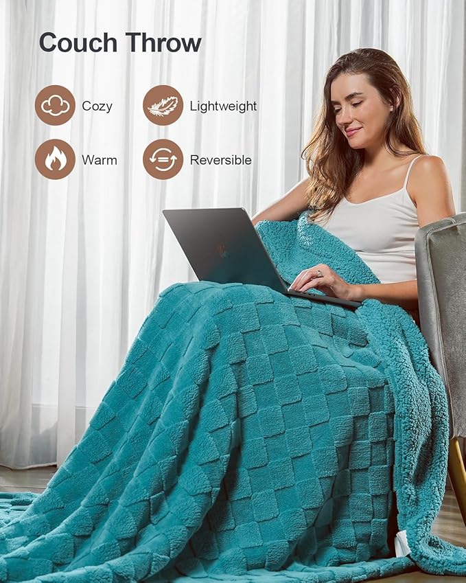 Pawque Super Soft Cozy Throw Blanket Twin Size for Couch Bed, Fluffy Sherpa Fleece Reversible Thick Warm Fuzzy Blanket for All-Season, 3D Checkered Jacquard Decorative Blankets, Teal Green, 60" x 80"-Ruum Studio Home